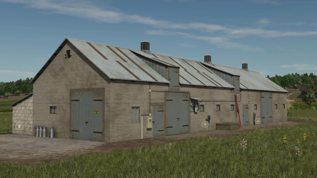 Building Farm Set mod in FS25 with large brick barn and metal roof.