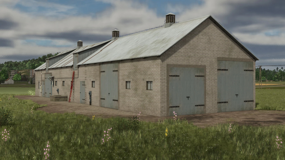 Building Farm Set FS25 mod showing large stone barn with metal doors in grassy field, Farming Simulator 25