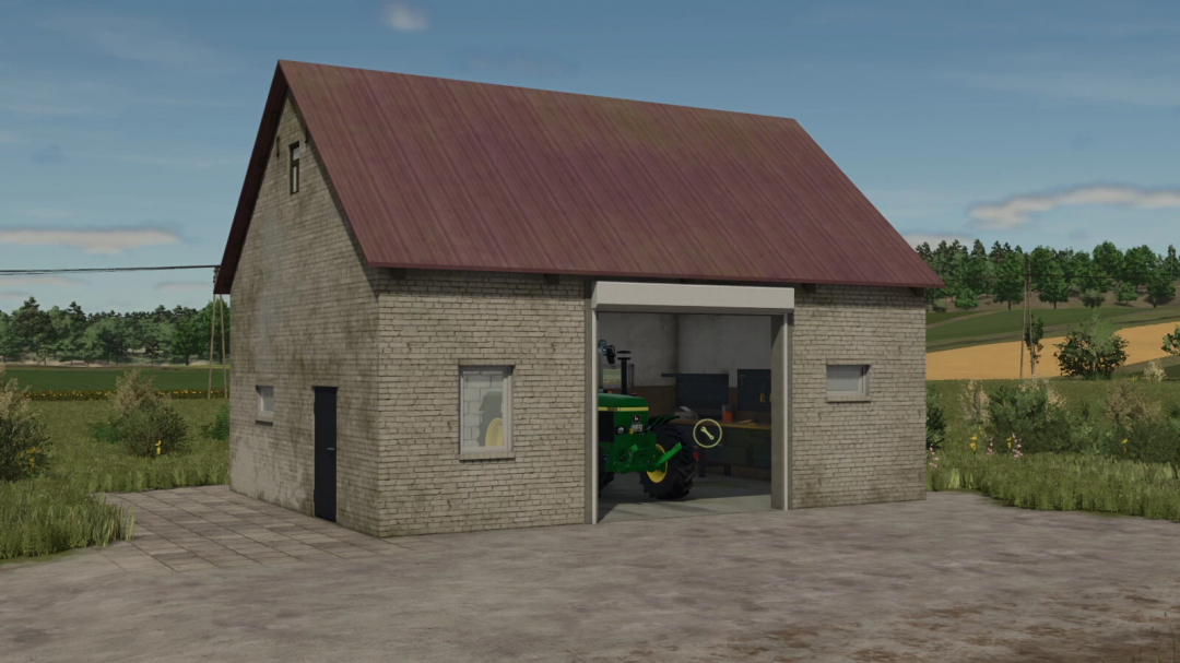 FS25 mods - Building Farm Set v1.0.0.0 showing a rural barn with tractor inside, in Farming Simulator 25.