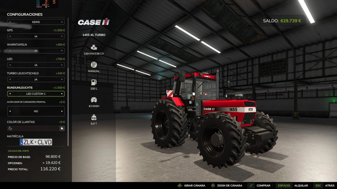 Case IH 1455 XL tractor mod in FS25 displayed in a garage with configuration options.