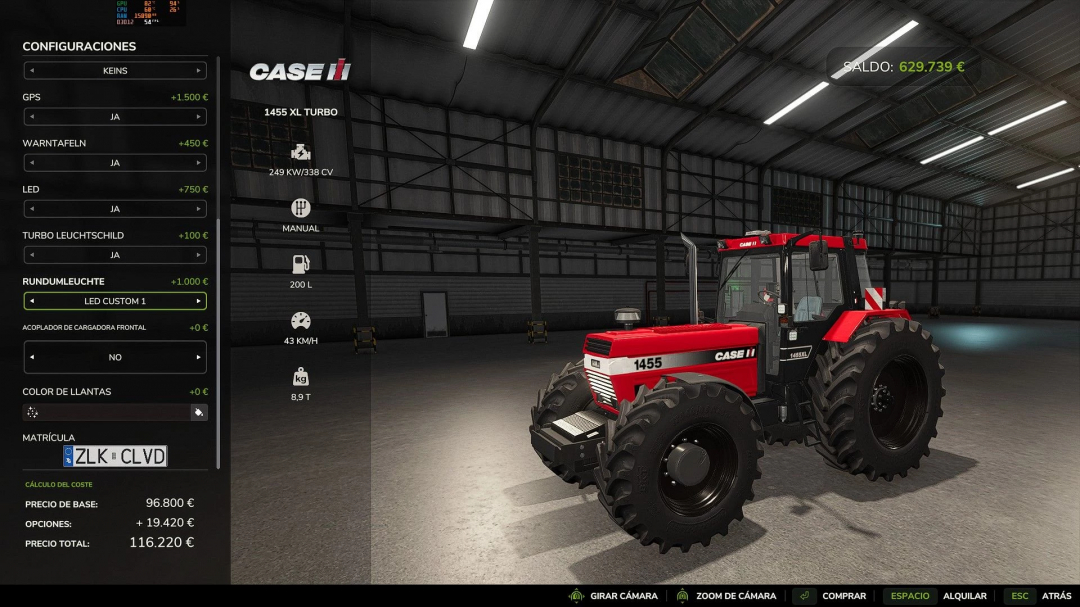 FS25 mods Case IH 1455 XL v1.0.0.3 in a virtual garage with configuration options visible on the screen.