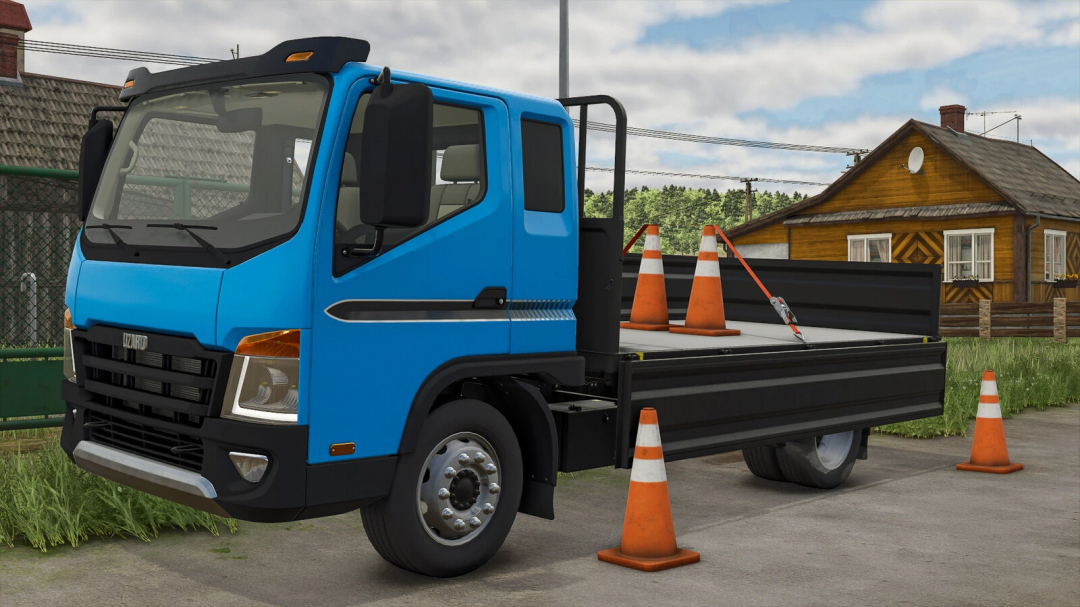 FS25 mod Cone v1.0.0.0 shows a blue truck and traffic cones with a wooden house in the background.