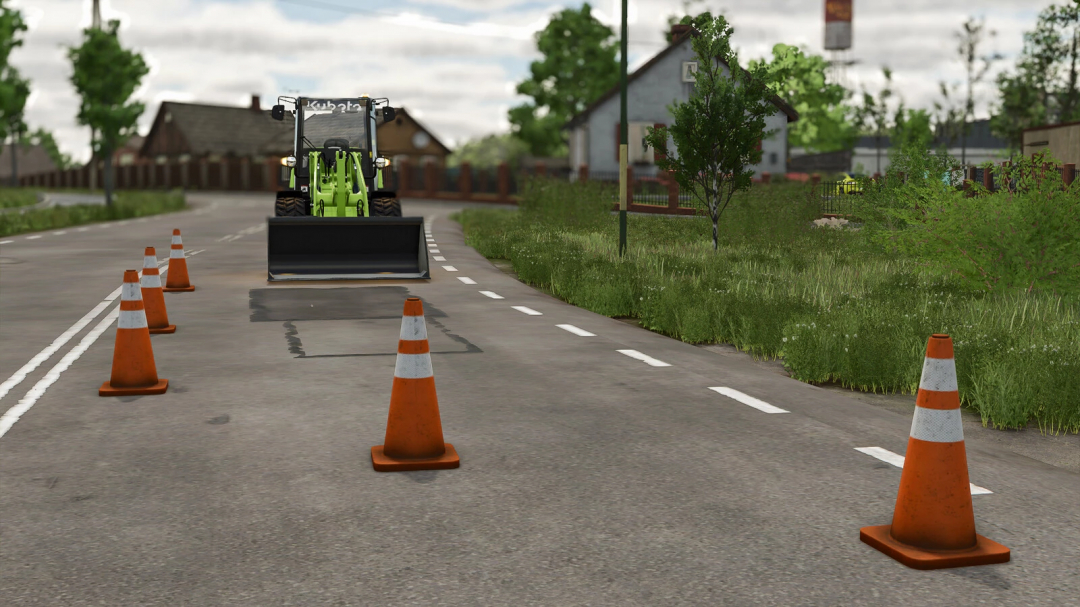 FS25 mods: Cone v1.0.0.0 showing traffic cones and tractor on a rural road in Farming Simulator 25.