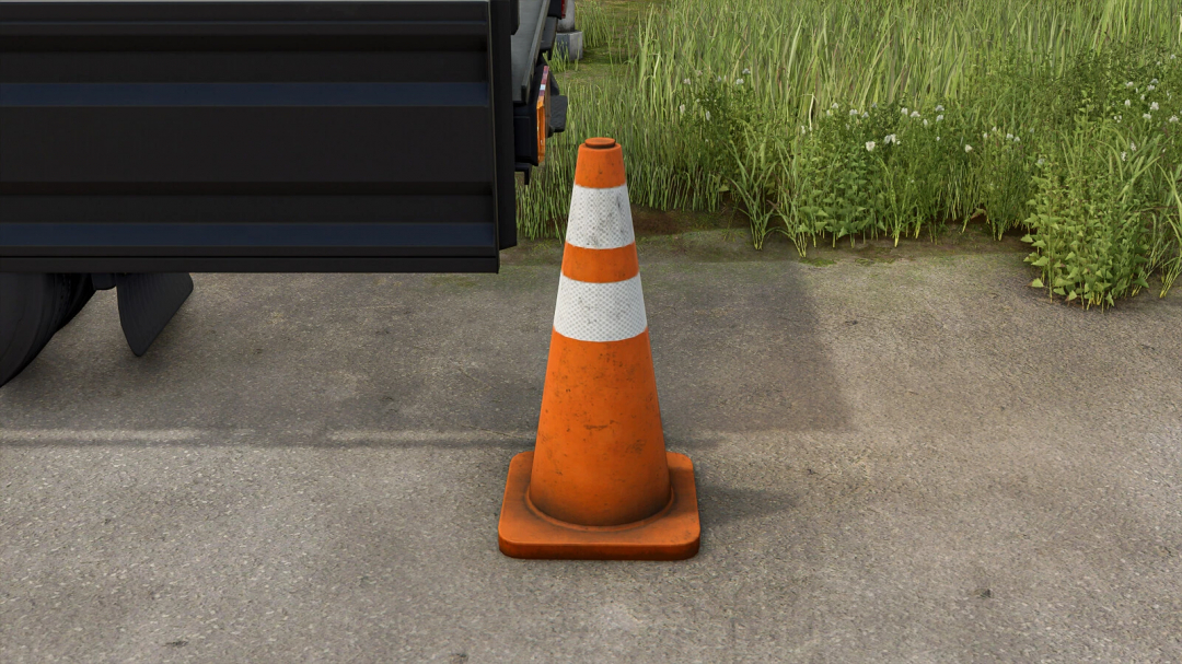 FS25 mod Cone v1.0.0.0 in Farming Simulator 25, featuring an orange traffic cone next to a vehicle.