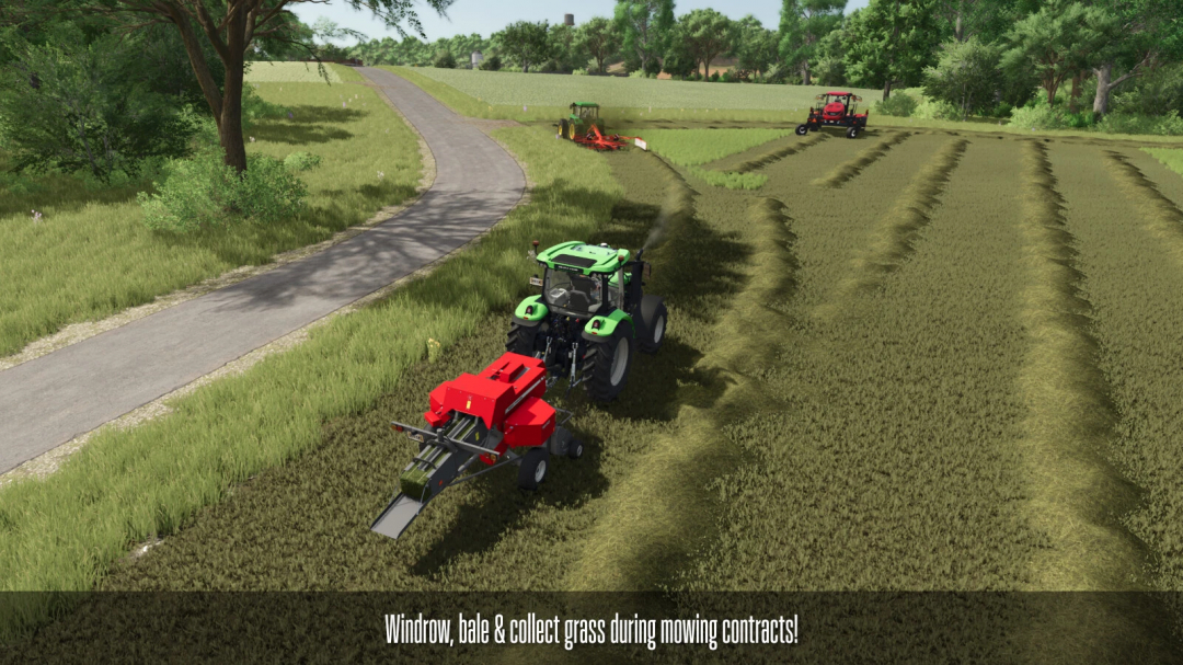 FS25 mod Contract Boost v1.1.0.0: Tractor baling grass in a scenic, tree-lined field.