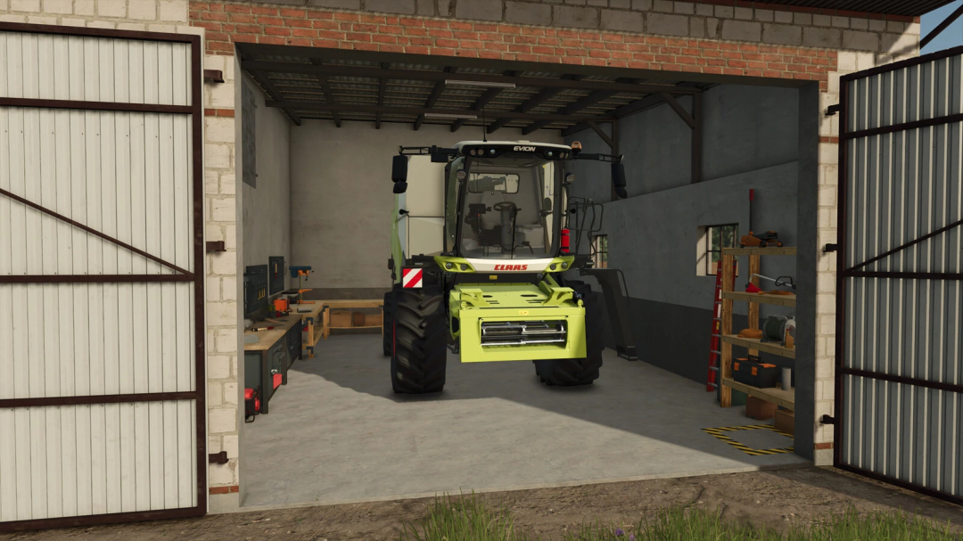 FS25 mod Cowshed With Garage v1.0.0.0 showcasing a green tractor inside a barn with tools and equipment.