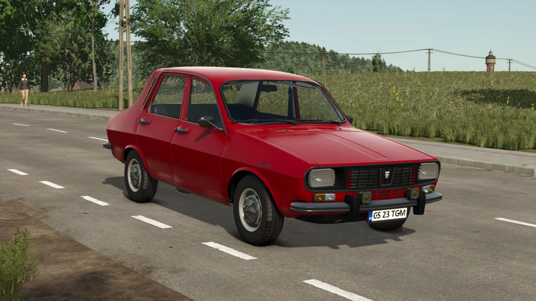 FS25 mod Dacia 1300 v1.5.0.0, red vintage car on road in Farming Simulator 25.