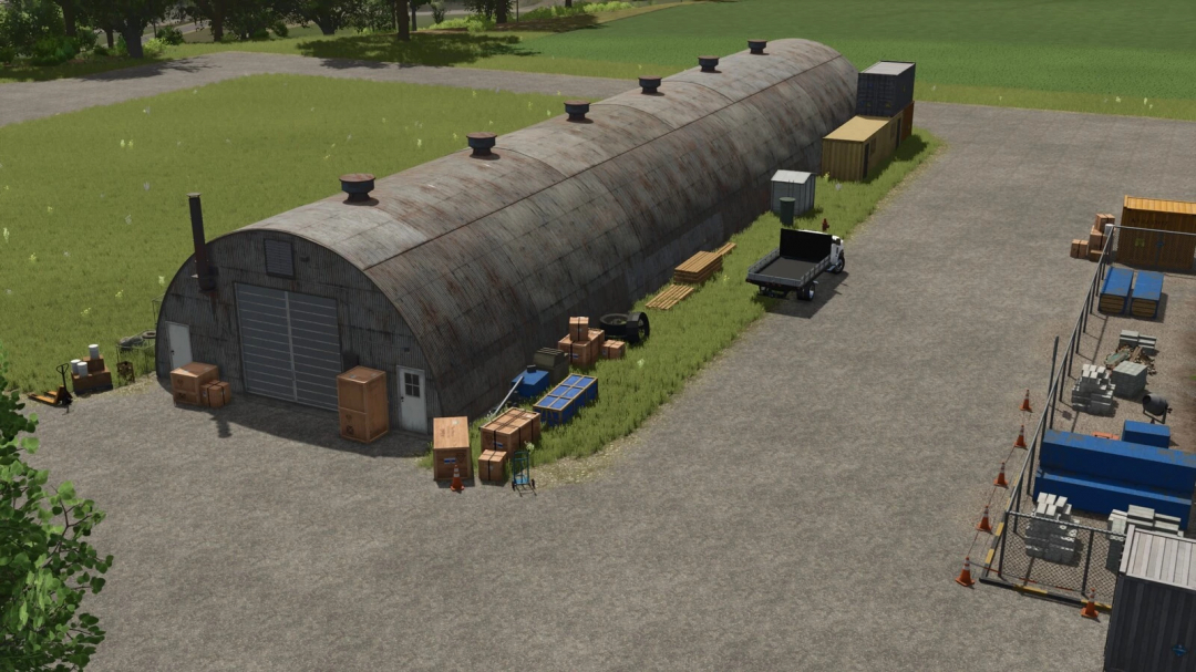 FS25 mods Decorative Objects Pack featuring a rustic warehouse surrounded by crates and equipment in Farming Simulator 25.