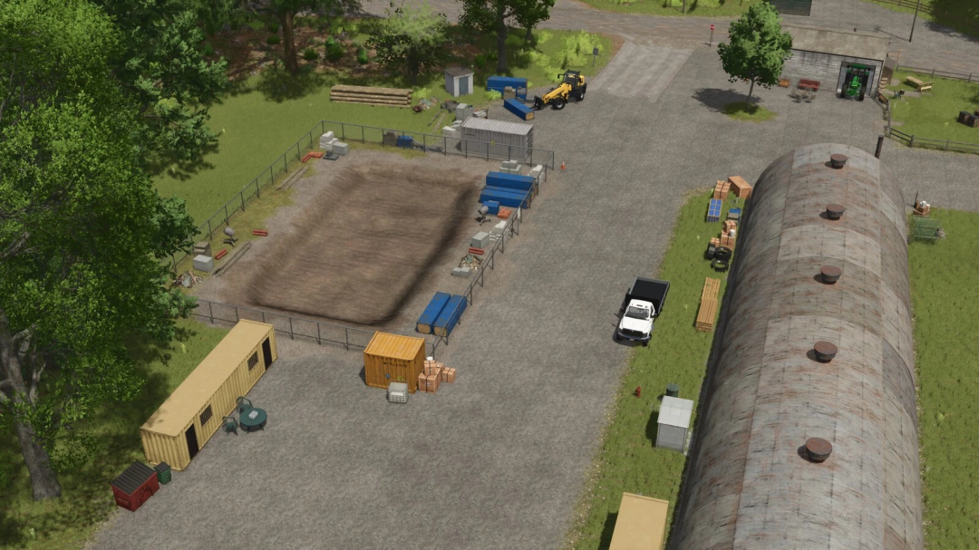 Decorative Objects Pack mod for Farming Simulator 25, showing various storage and utility objects in a farm setting. FS25 mods.