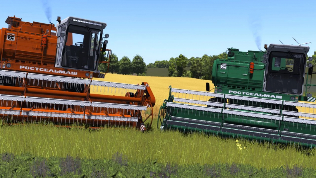 FS25 mod Don 1500 v1.0.0.0 showing orange and green combines in a field.