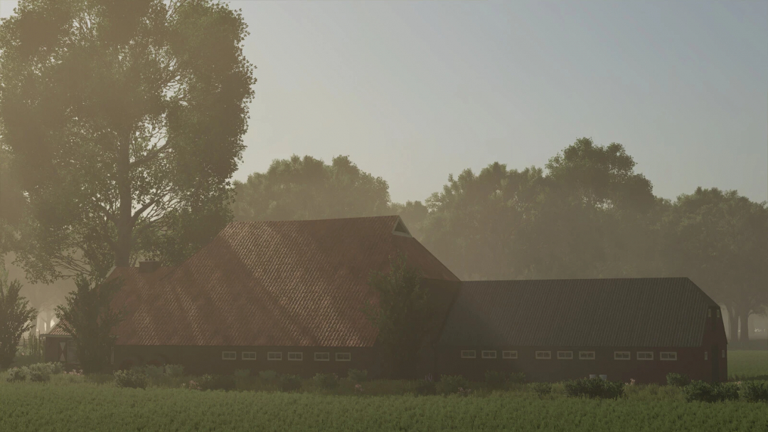 FS25 mod image showing a rustic farmhouse with a red roof, surrounded by trees in the Farmhouse Package Volume 2.