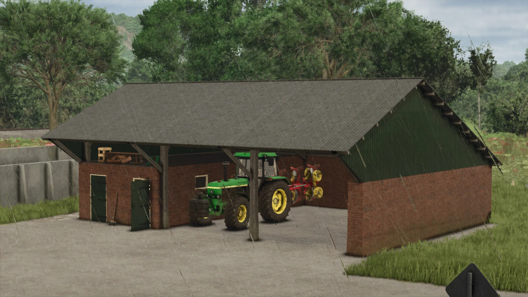 FS25 mod Farmhouse Package Volume 2 v1.0.0.0 featuring a brick farm shed with green doors and a tractor inside, set in rainy weather.