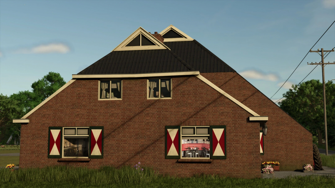 Farmhouse mod in Farming Simulator 25 with brick walls and triangular roof from Farmhouse Package Volume 2.