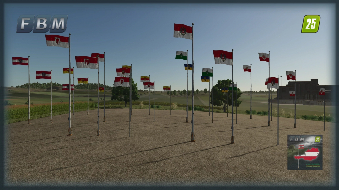 Flags Package AT v1.0.0.0 mod for FS25 displayed with multiple flags in an open field setting.