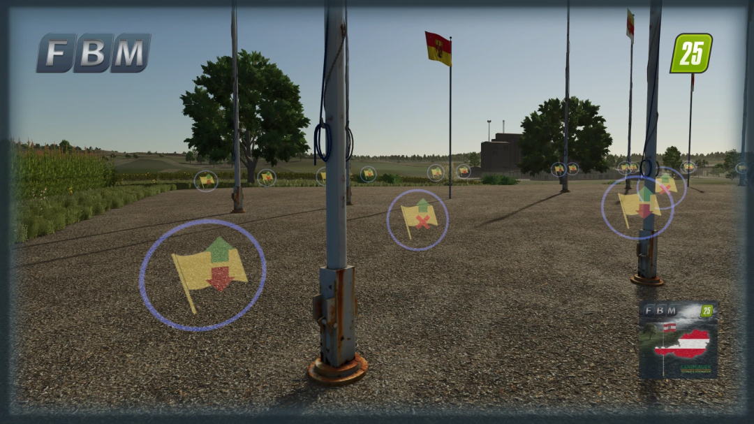 FS25 Flags Package AT mod displaying multiple flag poles in a farm setting.