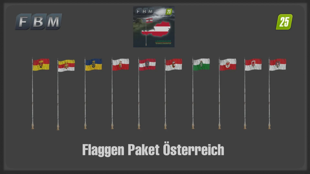 Flags Package AT mod v1.0.0.0 for FS25 displaying various Austrian flags.