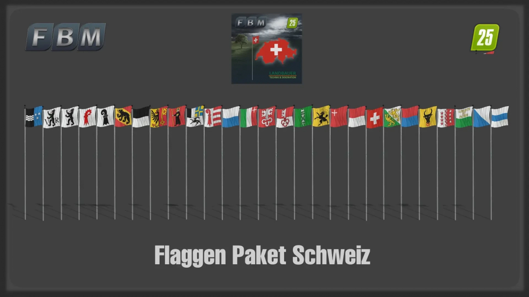 FS25 Flags Package CH mod showcases Swiss flags for Farming Simulator 25.