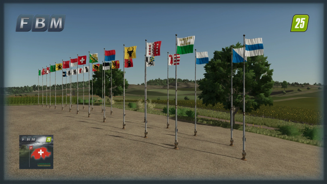 Flags Package CH mod for FS25 showing various Swiss flags in a field setting.