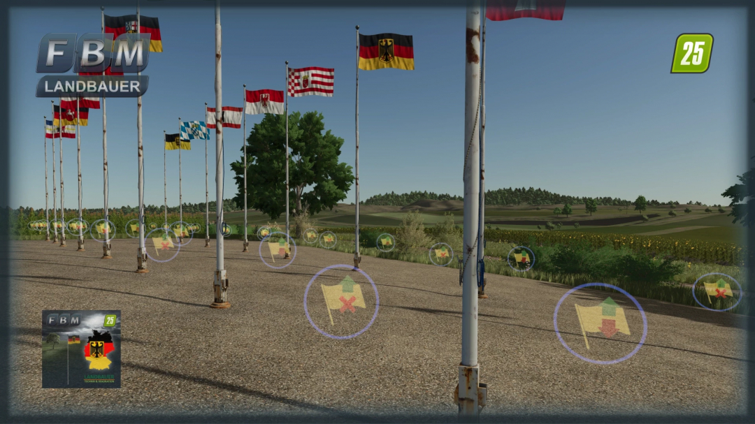 Farming Simulator 25 mods image showcasing various German flags in the Flags Package DE mod.