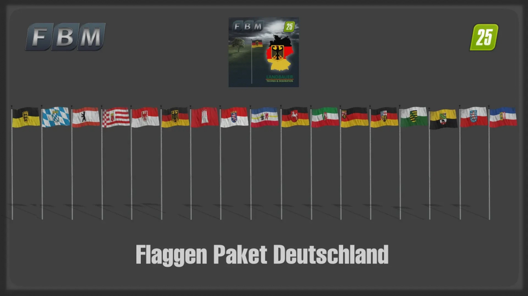 Flags Package DE v1.0.0.0 mod for FS25 showing various German state flags.