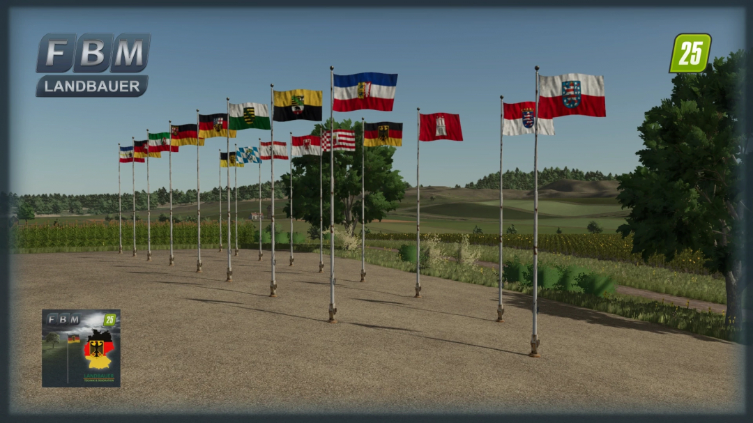 Flags Package DE mod in Farming Simulator 25 featuring various German state flags. FS25 mods enhance farm landscapes.