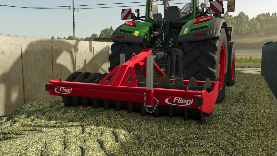 FS25 mod Fliegl Silage Roller v1.0.0.0 in action with tractor, Farming Simulator 25 mod.