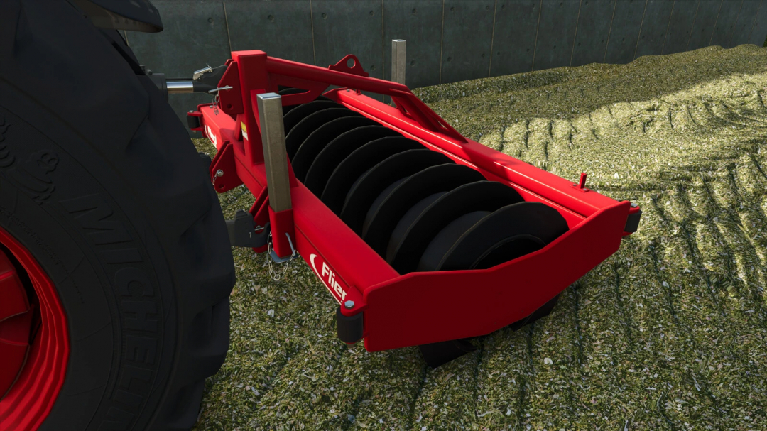 Fliegl Silage Roller mod for Farming Simulator 25 attached to a tractor, smoothing silage in a bunker.