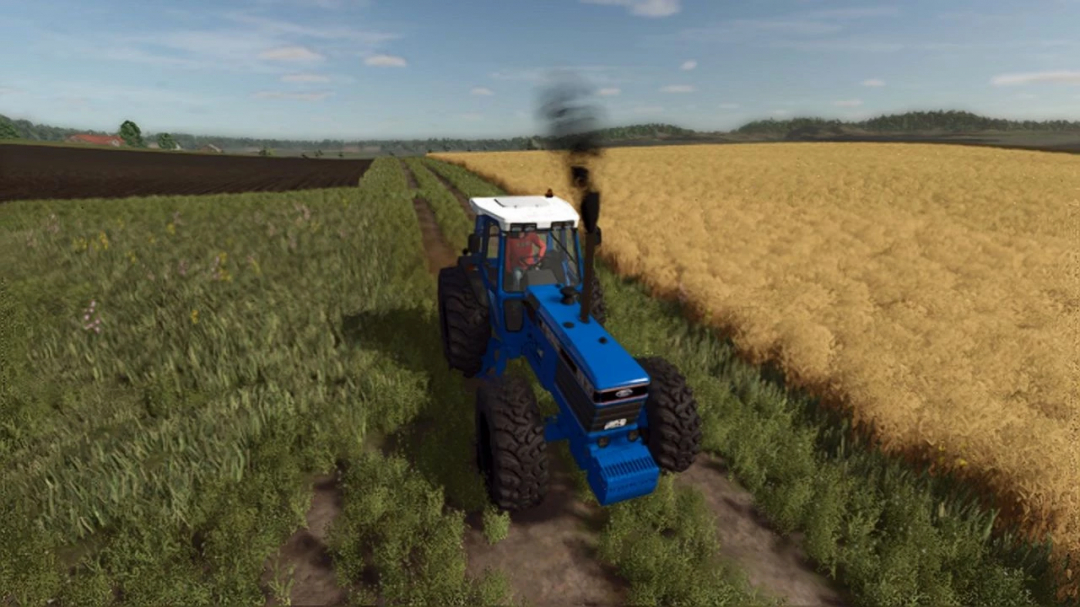 Ford 8830 tractor mod in FS25, driving through fields.