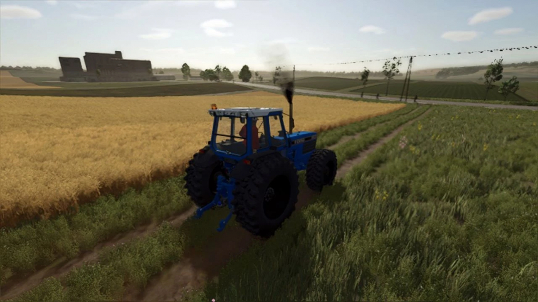 Ford 8830 tractor driving through fields in FS25 mod, showcasing Farming Simulator 25 environment.