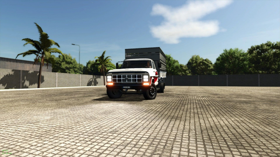 Ford F-4000 mod in Farming Simulator 25, parked in a courtyard, showcasing realistic vehicle design.