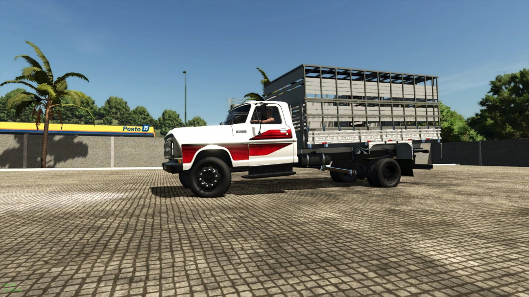 Ford F-4000 v1.0.0.0 mod in FS25, white truck with red accents parked on a paved area, showcasing customization details from Farming Simulator 25 mods.