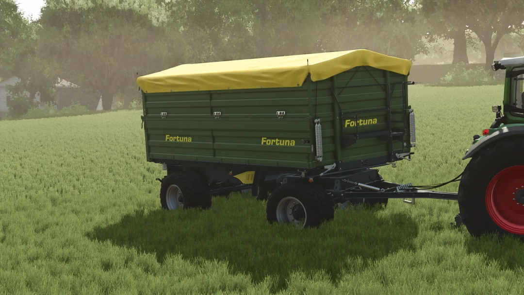 FS25 mod Fortuna K180 trailer in a field, showcasing detailed farming equipment.