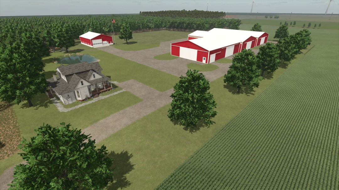 Aerial view of Frankenmuth Farming Map in FS25 mod, featuring red barns, a farmhouse, trees, and fields.