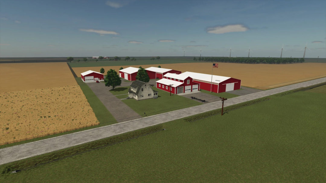 Aerial view of red farm buildings on the Frankenmuth Farming Map in FS25 mods.