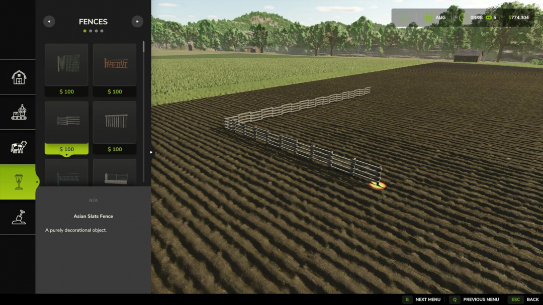 FS25 mod Free Gates And Fences v1.0.0.0 showing Asian Slats Fence in a field with menu options.