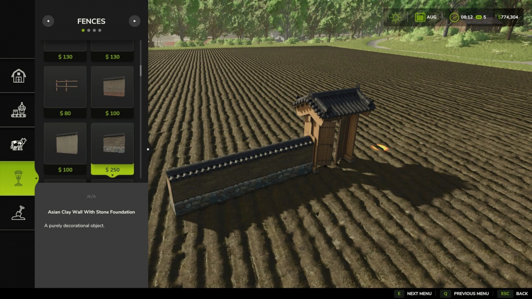 FS25 mods screenshot showing Asian Clay Wall with Stone Foundation option from Free Gates And Fences mod in Farming Simulator 25.