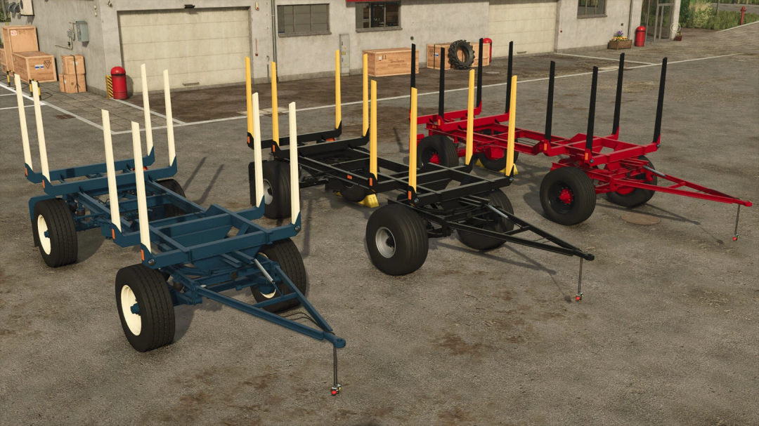 FS25 mods HW80 Wood Trailer v1.0.0.1 in blue, black, and red at a garage in Farming Simulator 25.