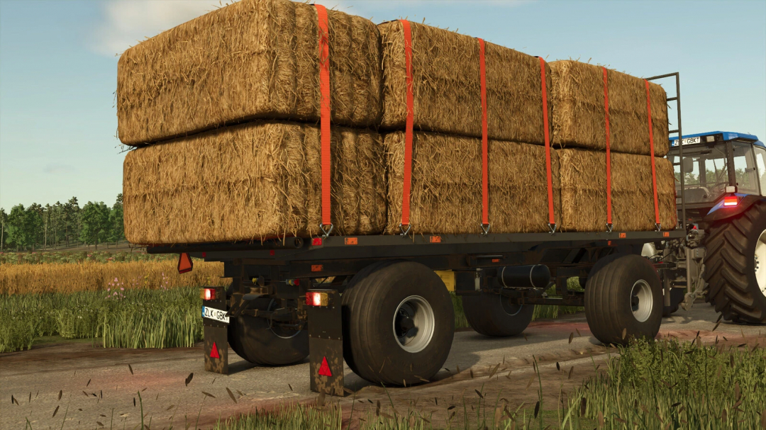 FS25 mod HW80 Wood Trailer v1.0.0.1 with hay bales in Farming Simulator 25.