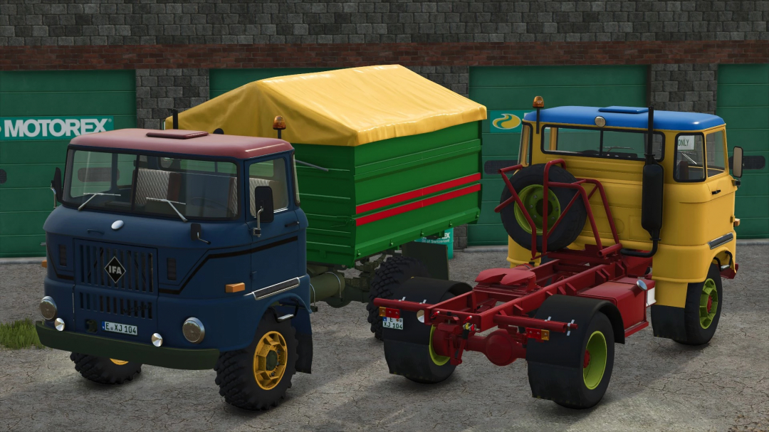 IFA W50 truck and swap bodies in FS25 mods pack. Farming Simulator 25 mods showcase with vibrant trucks.