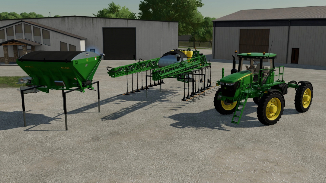 John Deere 4045R Spreader/Sprayer in FS25 mod with attachments in a farm setting.