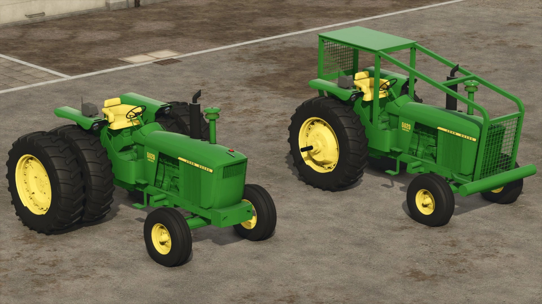 FS25 mods showcasing John Deere 5020 tractors with dual rear tires and protective framing.