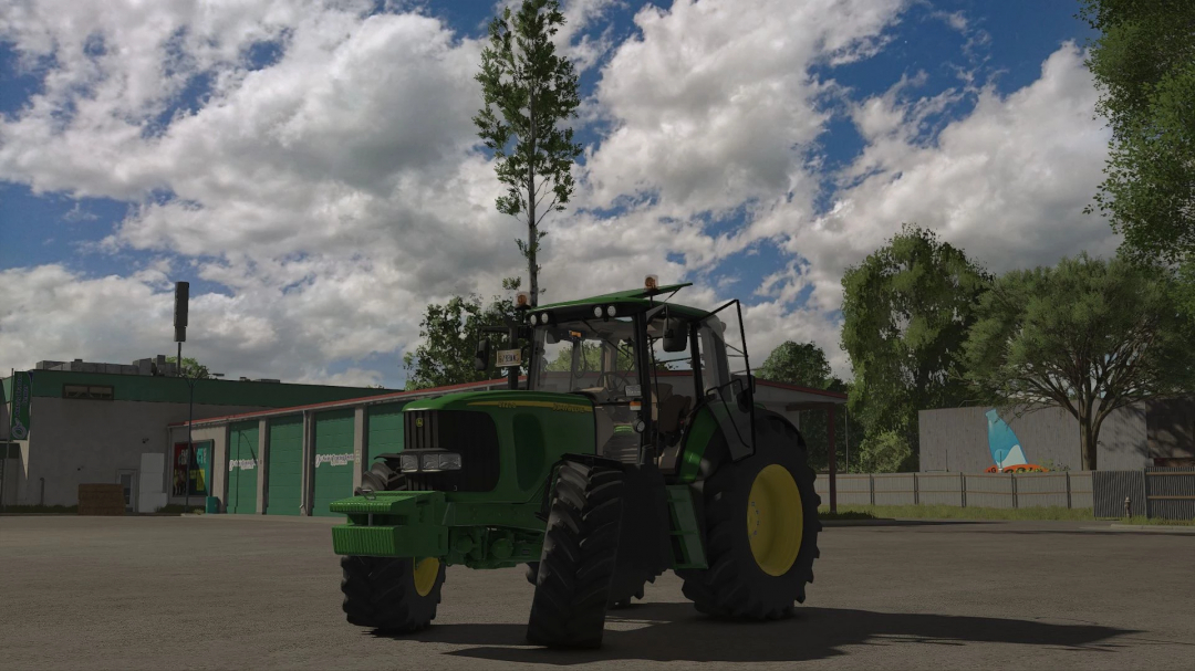 John Deere 6x20 Series tractor parked in Farming Simulator 25 mod scene with cloudy sky.