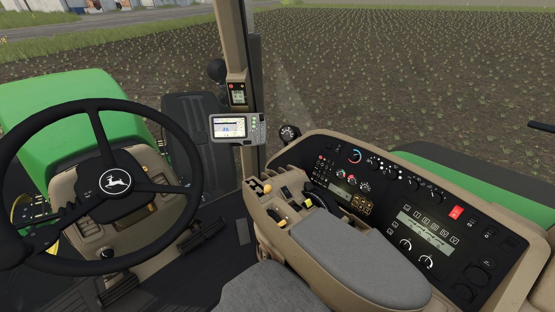 Interior view of John Deere 8000 cabin in FS25 mod, showcasing dashboard controls and field view.