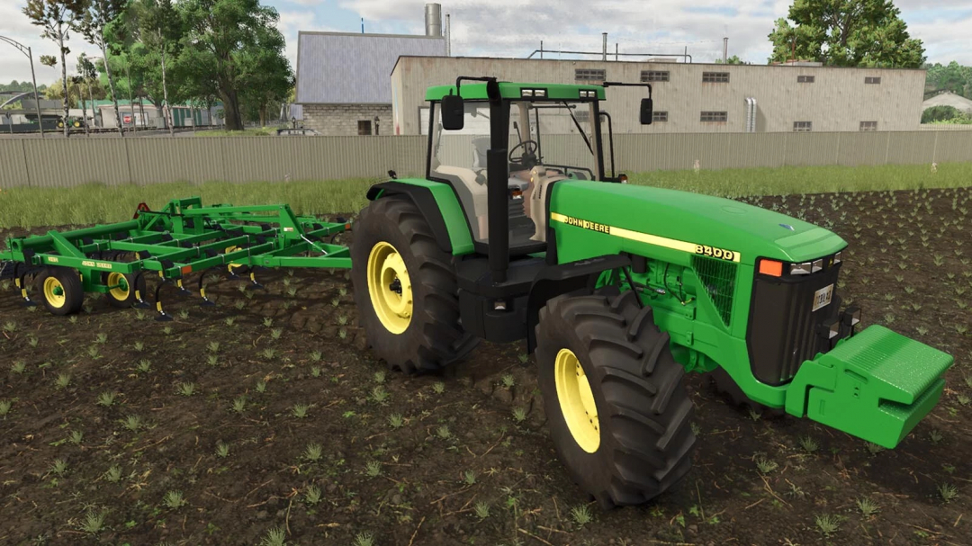 John Deere 8000 tractor mod in Farming Simulator 25 plowing a field.