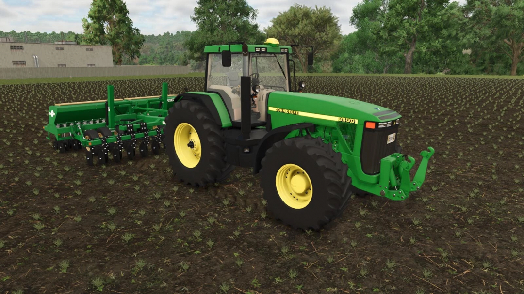 FS25 mod image showing John Deere 8000 v1.0.0.0 tractor on a cultivated field.