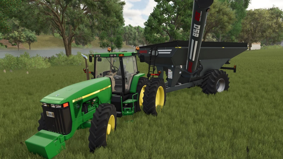 John Deere 8000 tractor mod in Farming Simulator 25 with attached trailer on grassy field.