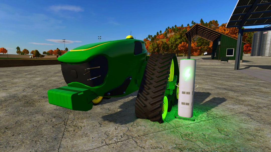 Farming Simulator 25 mod John Deere Electric Autonomous tractor parked beside a charging station.