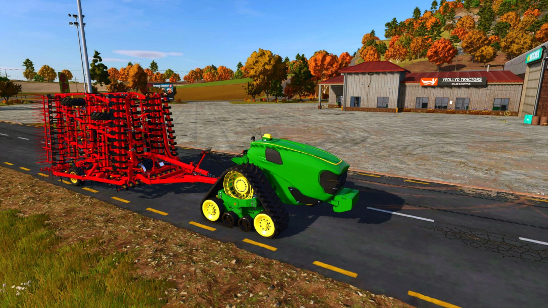 FS25 mods: John Deere Electric Autonomous tractor with attached machinery on a road in Farming Simulator 25.