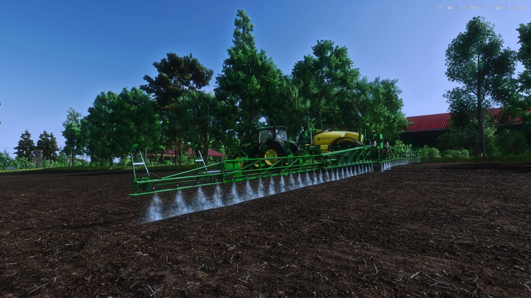 John Deere R700i mod in FS25 spraying field against a backdrop of trees.