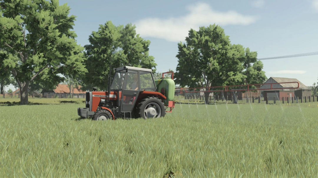 Tractor with KFMR Krukowiak Optimal 400/12/MIX mod spraying field in FS25.